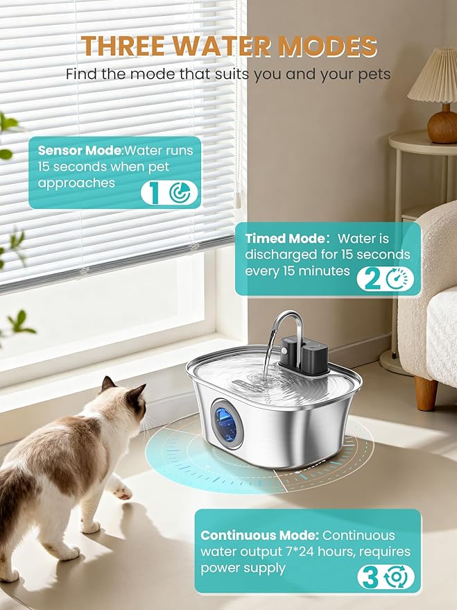 Cat Water Fountain Stainless Steel Cat Fountains for Drinking-108oz/3.2L Quiet Water Fountain for Cats Wireless Cat Water Fountain with Water Level Window for Cats&Dogs Indoor (3 Filter)