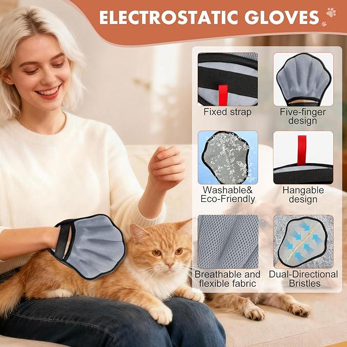 Pet Hair Removal Glove, Electrostatic Pet Hair Remover Glove for Cats & Dogs, Hair Remover Tools for Couch, Carpet, Clothing, Car Seat - Upgraded Five-Finger, Reusable, Grey+Grey