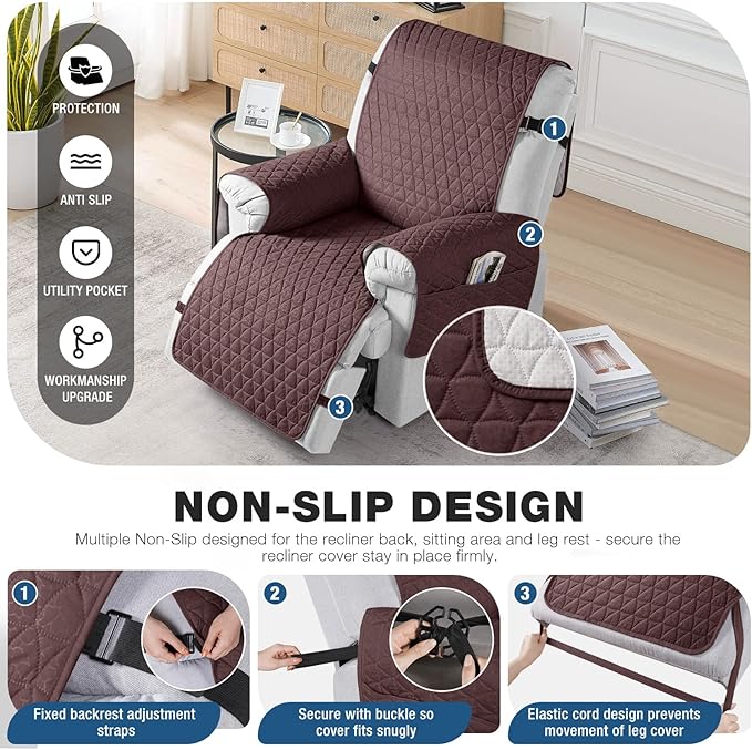TAOCOCO 100% Waterproof Recliner Cover - Recliner Cover with Non-Slip Granule, Recliner Chair Covers with Elastic Band, Recliner Chair Covers for Reclining Chair(Coffee, Medium-25'')