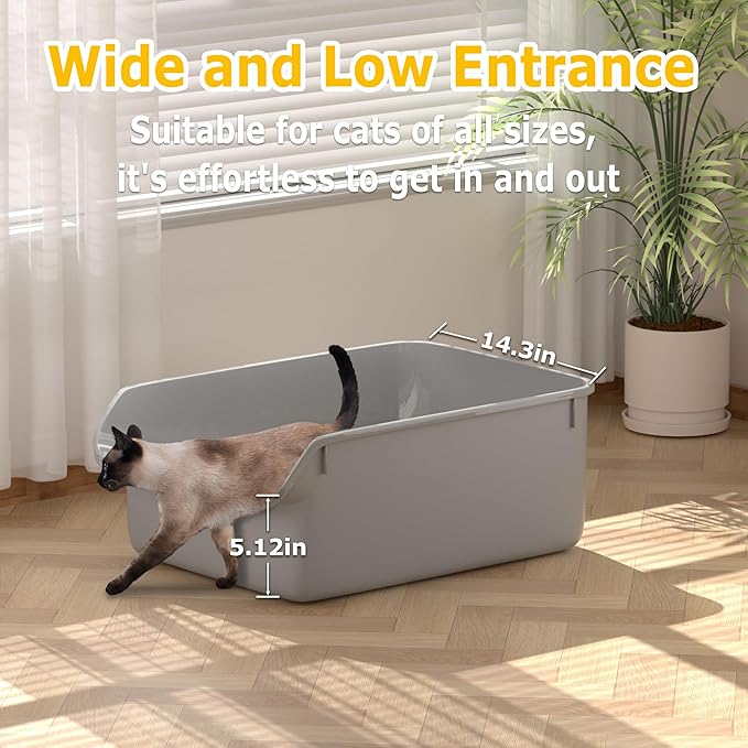 Large Cat Litter Box with High Side Cat Litter Pan Boxes for Indoor Cats Kitty Litter Box with Low Entry Open Top Entrance Anti-Splashing(Grey)