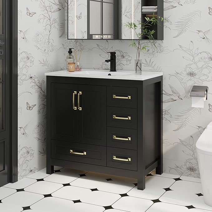eclife 36" Bathroom Vanities with Sink Combo, Modern Thickened Wood Bathroom Storage Cabinet w/Undermount Sink, Matte Black Faucet Drain, Painted Surface, Black