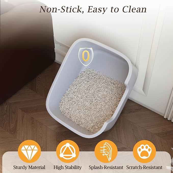 Large Cat Litter Box with High Sides, Side Entry Open Top Deep Tall Litter Pan, Kitty Litter Box for Indoor Small and Medium Cats, Grey (Anti-Splashing) 19.7" L x 15.4" W x 8.6" H