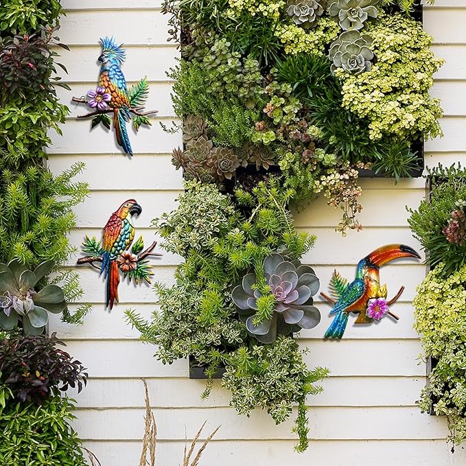 Voumsil 3 PCS Metal Birds Wall Decor Parrot Toucans Tropical Wall Art Outdoor Wall Sculpture for Patio Balcony Garden Fence Wall Decor for Bedroom Living Room Indoor Wall Hanging
