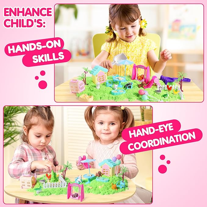 Billeeit Pet Sensory Bin Sand Toy with 2.2lbs Green Moldable Sand, Dog ＆ Cat Play Sand Kit for Boys and Girls Including 28pcs Accessories Total, Sand Box Toys Gift for Kids 3+ Indoor Creativity
