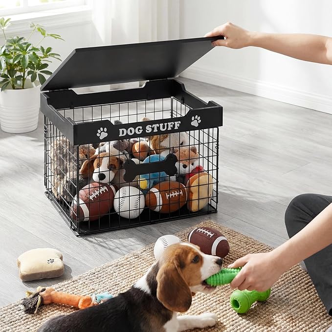 Dog Toy Bin Basket with Lid, 15.4'' Large Metal Dog Toy Storage Box with Bone Handle, Organizer Chew for Living Room, Farmhouse Food Storage Organizer for Leash Chew Blankets Clothes(Black)