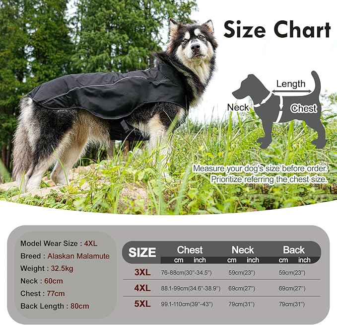 Outdoor Waterproof Dog Jacket for Large Dogs,Doggie Coats with Harness Buitl in D-Ring Warm Fleece Dog Clothes for Cold Winter,Black 3XL