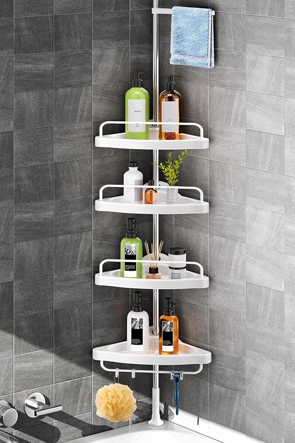 HAMITOR Corner Shower Caddy Tension Pole: Adjustable Stainless Steel Shower Organizer with 4 Tier Shelf for Bathroom Bathtub Tub Shampoo - Floor Standing Rack Bath Storage Holder with Rust Proof Rods
