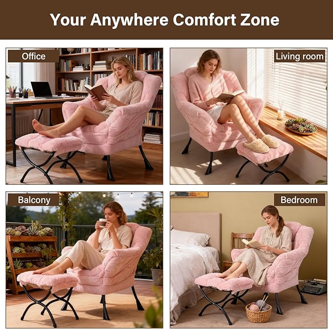 Welnow Lazy Chair with Ottoman, Modern Lounge Accent Chair with Armrests and a Side Pocket, Leisure Sofa Armchair Set, Reading Armchair with Footrest for Small Space, Plush Pink