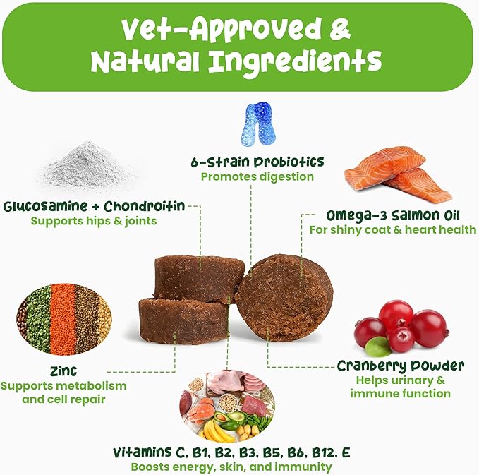 Vibin’ Tails 24-in-1 Dog Multivitamin, Glucosamine Chondroitin Hip & Joint Support, Probiotics & Omega-3, Skin & Coat - Puppy & Senior Chewable Dog Vitamins & Supplements Vet Formulated - 120ct Bacon