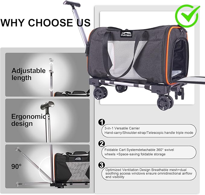 Cat Carrier with Wheels – Airline Approved Pet Travel Backpack, Soft-Sided Collapsible Rolling Carrier for Cats and Small Dogs, Expandable Top Loading Ventilated Design, Black