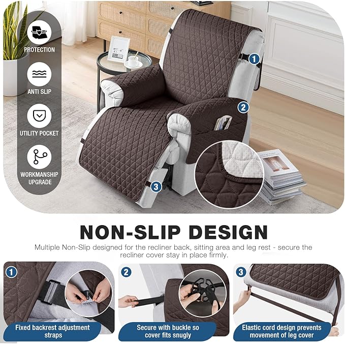 TAOCOCO 100% Waterproof Recliner Cover - Recliner Cover with Non-Slip Granule, Recliner Chair Covers with Elastic Band, Recliner Chair Covers for Reclining Chair(Chocolate, Medium-25'')