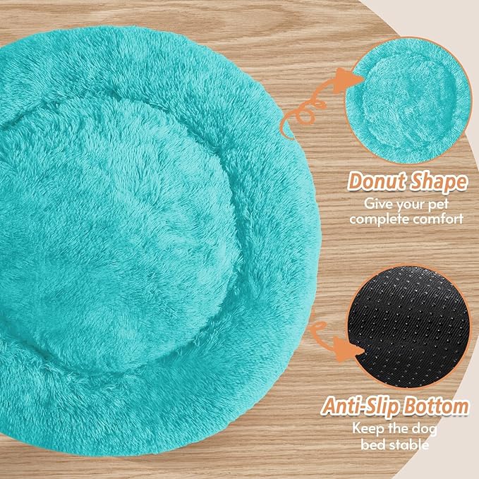Calming Donut Dog Bed — Large 36", Anti-Anxiety Faux Fur, Washable (Aqua Blue)