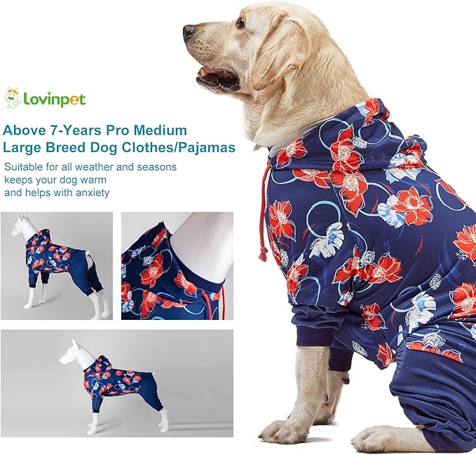 LovinPet Big Dogs Breeds Jammies, Wound Care/Post Surgery clothes, Pet Anxiety Onesies for Dogs, Lightweight stretchy, Large Breed Dog Pajamas,Reflective Stripe,Floral Navy & Red Print, Pet Pj's/Large