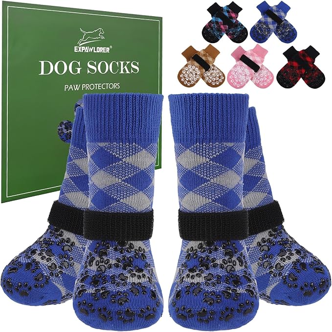 EXPAWLORER Dog Socks for Cold Winter Snow to Prevent Licking Paws, Anti Slip Doggie Booties Grippy Shoes for Hardwood Floors, Boots & Paw Protectors for Small Medium Large Senior Dogs Blue XL