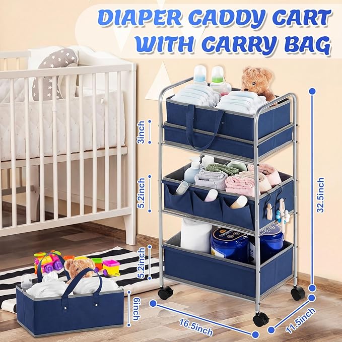 Honeydak 2in1 Baby Diaper Caddy Organizer Cart 3 Tier Large Capacity Metal Utility Bedside Rolling Cart with Divider Newborn Registry Nursery Essential Must Have Crib Bedroom Baby Shower(Gray, Blue)