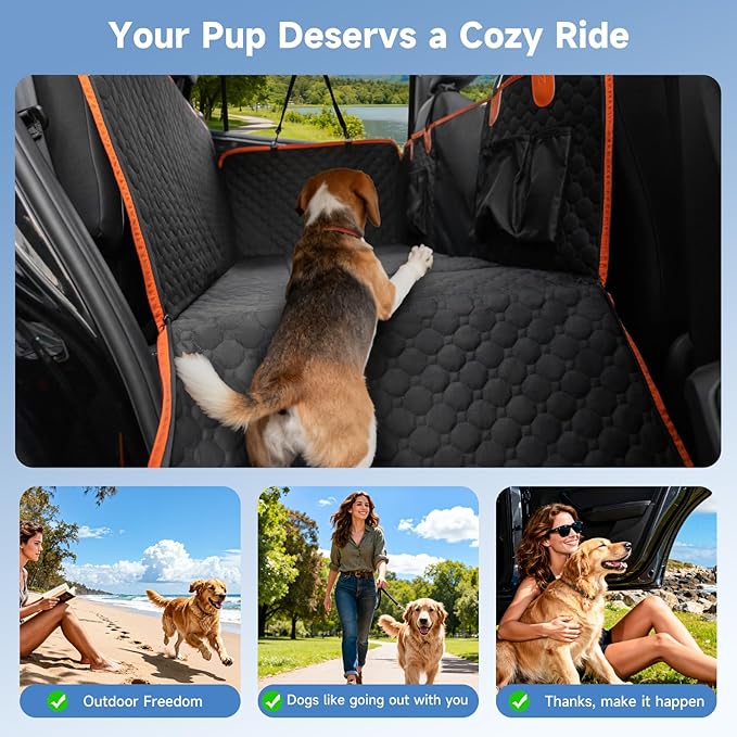 Dog Car Seat Cover for Back Seat Waterproof Oxford Fabric, Hard Bottom Seat Extender, Scratchproof, Anti-Slip, Dog Hammock for Car with Mesh Window, Fit Full Size Truck, Black Orange
