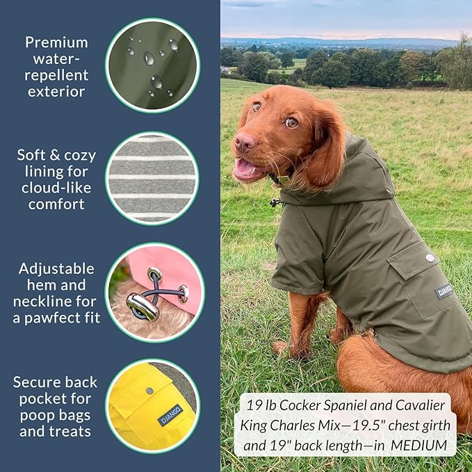 DJANGO Highland Dog Jacket & Raincoat – Water-Repellent, Lined Dog Coat with Hood, Adjustable Fit & Harness Hole – Lightweight Rain & Wind Jacket for Small & Medium Dogs up to 30 lbs (Olive, X-Small)