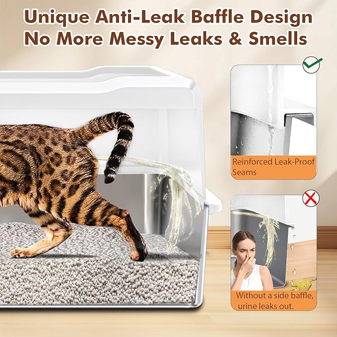 Large Litter Box for Multiple Cats, 28" L x 20" W Over Sized with High Sided Metal Litter Box Stop Scatter, Non-Stick Stainless Steel Litter Pan Easy to Clean, Anti-Leak Design, Odor-Resistant