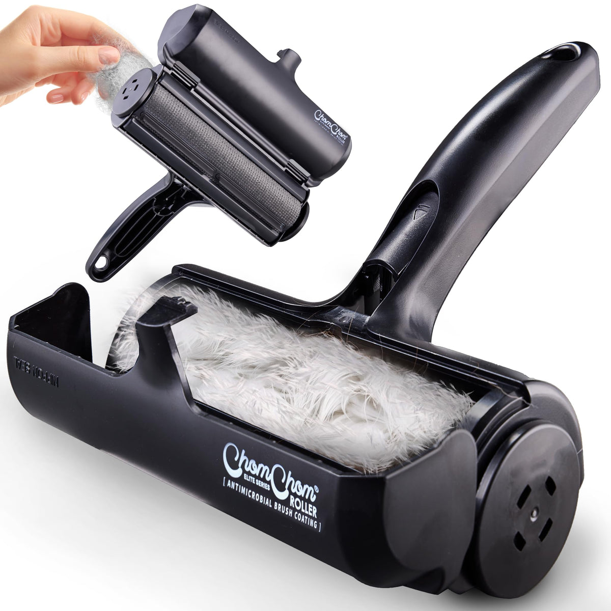 ChomChom Roller Pet Hair Remover – Original Size Reusable Lint Roller for Cat & Dog Hair on Furniture, Couch, Carpet, Car, Rugs & Bedding – Portable, Eco-Friendly (Black)