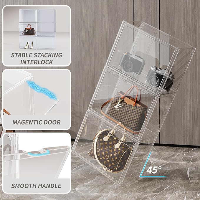 Purse Organizer for Closet,3 Packs Clear Acrylic Display Case for Handbag Organizer,Purse Storage Box with Magnetic Door, Stackable Plastic Storage Bins for Handbag,Collectibles, Cosmetic