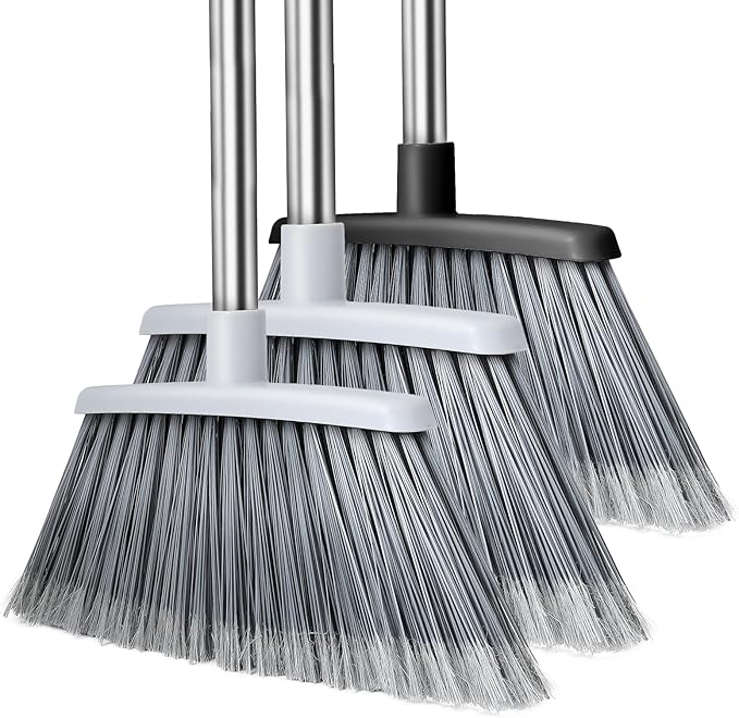 Broom, Outdoor Brooms for Sweeping Indoor, Adjustable 55" Pet Hair Removal Heavy Duty Broom for Floors Home Kitchen Garage Commercial Patio Industrial Snow (Grey 2 Pack and Black 1 Pack)