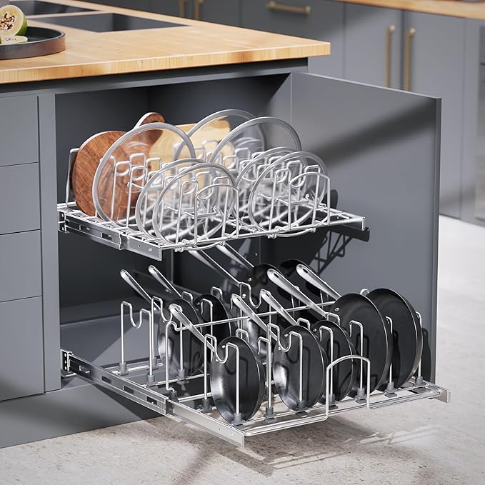 2-Tier Kitchen Pull out Cabinet Organizer for Pots, Pans, and Lid Cookware, Adjustable Heavy Duty Wire Pan and Pot Rack, Full-Extension Rail 15" W *22" D