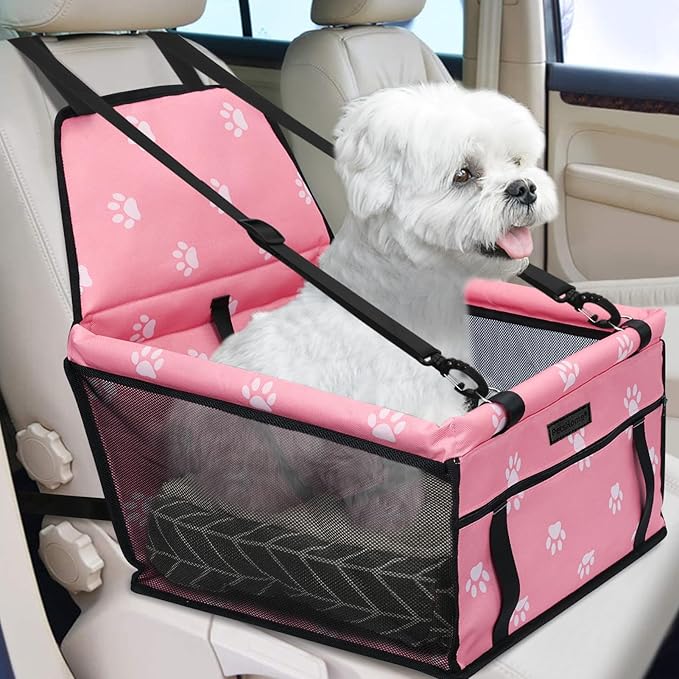 PetsHome Dog Car Seat Foldable Dog Car Booster Seat Waterproof Breathable Oxford Travel Bag for Small to Medium Dogs, Puppies, and Pets-Footprint Pink+Mat