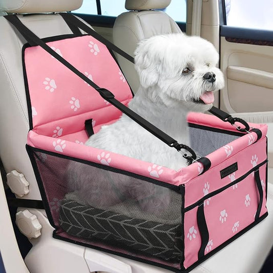PetsHome Dog Car Seat Foldable Dog Car Booster Seat Waterproof Breathable Oxford Travel Bag for Small to Medium Dogs, Puppies, and Pets-Footprint Pink+Mat