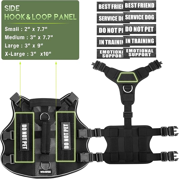 WINSEE Mesh Dog Harness with 10 Pet Patches for Large Service Dog in Training, Breathable Tactical Molle Vest with Double Handles, Reflective Military Pet Vest for Walking Hiking