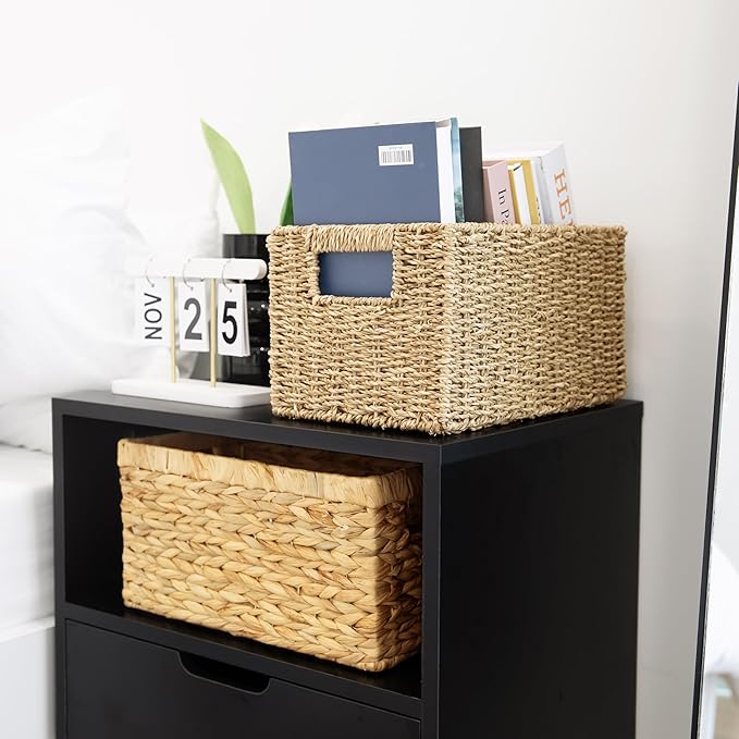 2-Pack Handwoven Seagrass Storage Baskets with Handles, Wicker Bins for Pantry Organization, Shelf or Closet Organizer, Decorative Boho Rectangular Basket 13.5" x 8"