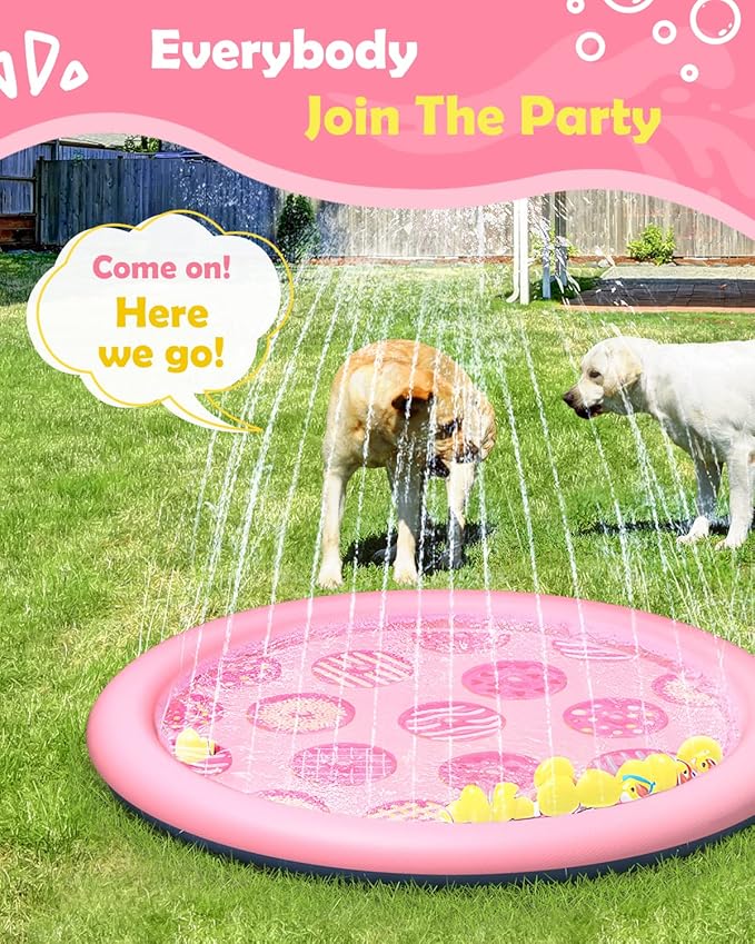Peteast Anti-Slip Pink Donut Print Splash Pad for Kids and Dogs 0.58 mm Thicken Sprinkler Dog Pool for Summer Outdoor Water Toys - Fun Backyard Play Mat for Children and Pets (Pink 67in)