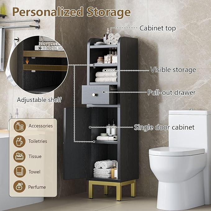 Small Bathroom Storage Cabinet, Bathroom Cabinet with Adjustable Shelves & Doors & Drawer, 7.87" x 7.87" x 32.4" Narrow Toilet Paper Cabinets for Small Spaces Organizer, Black