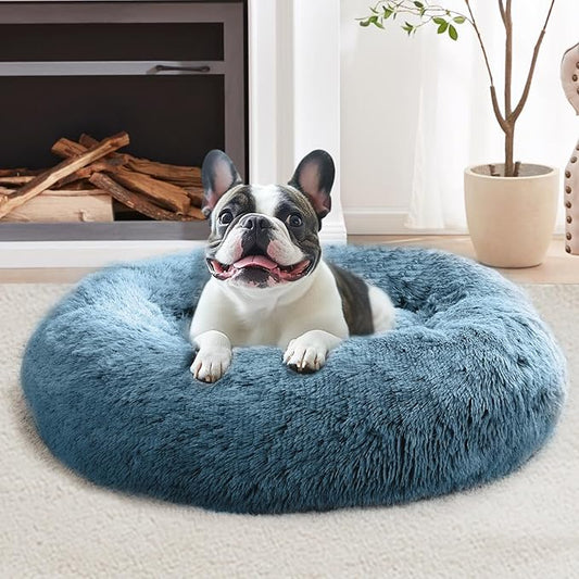 Calming Donut Dog Bed — Large 36", Anti-Anxiety Faux Fur, Washable (Blue)