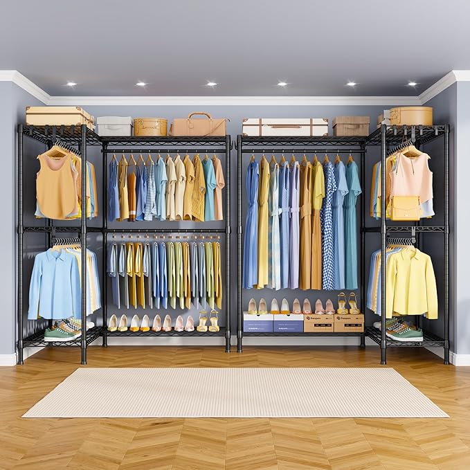 E15 Plus Garment Rack L Shaped Clothes Rack for Corner，Freestanding Clothing Racks for Hanging Clothes，Heavy Duty Closet System with 4 Hanging Rods & 8 S Hooks，48.5" W x 35" D x 78.4" H，Black
