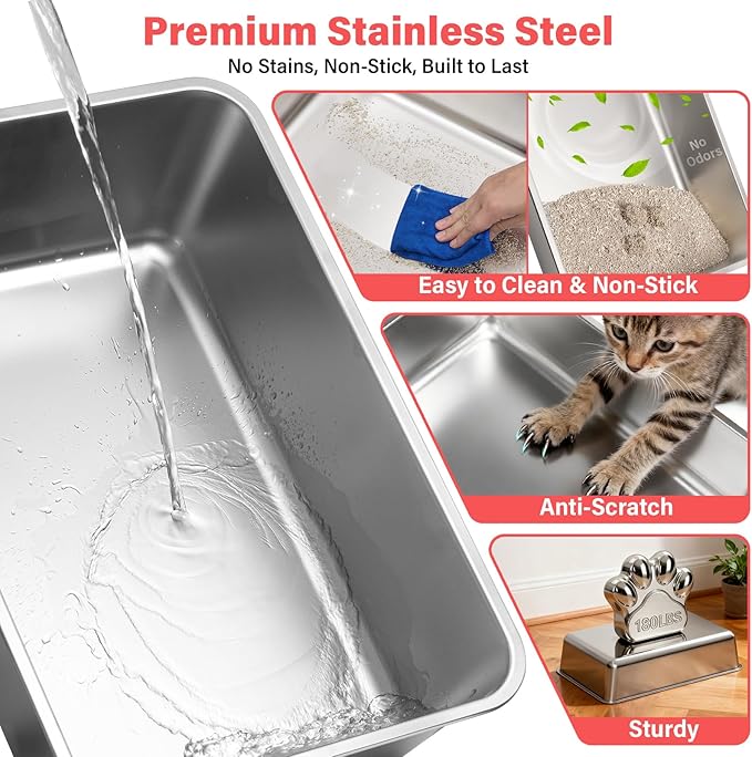 Enclosed Stainless Steel Cat Litter Box with Lid, XL Large Metal Litter Box Stainless Steel, Odor-Free/Anti-Leakage & Non-Stick/Easy Clean, High Sided Litter Box with Mat & Scoop for Big Cats