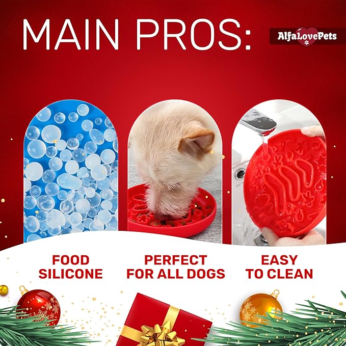 Slow Feeder Dog Bowls – Bowl with Christmas Design – Red Lick Mat for Dogs – Dog Food Bowl – Safe Silicone Material – for Dogs Using – Bowl Mat by Alfa Love Pets