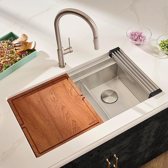 Ruvati 33-inch Workstation Kitchen Sink - Dual Tier Double Bowl Kitchen Sink - Low Divide Undermount Sinks - 16 Gauge Stainless Steel Kitchens Sinks - RVH8255