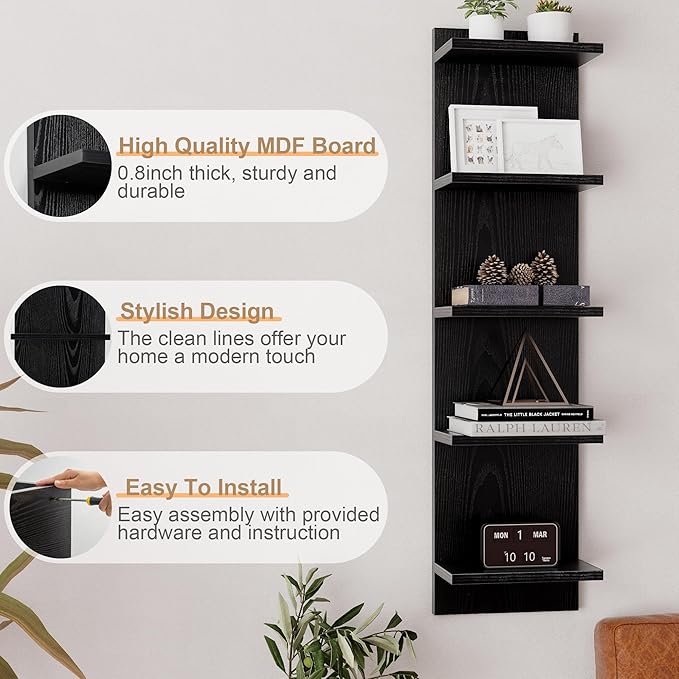 Fun Memories 5-Tier Wall Shelf Unit, 48" Tall Floating Storage Organizer for Bedroom, Living Room, and Home Decor, Black Vertical Shelving Unit