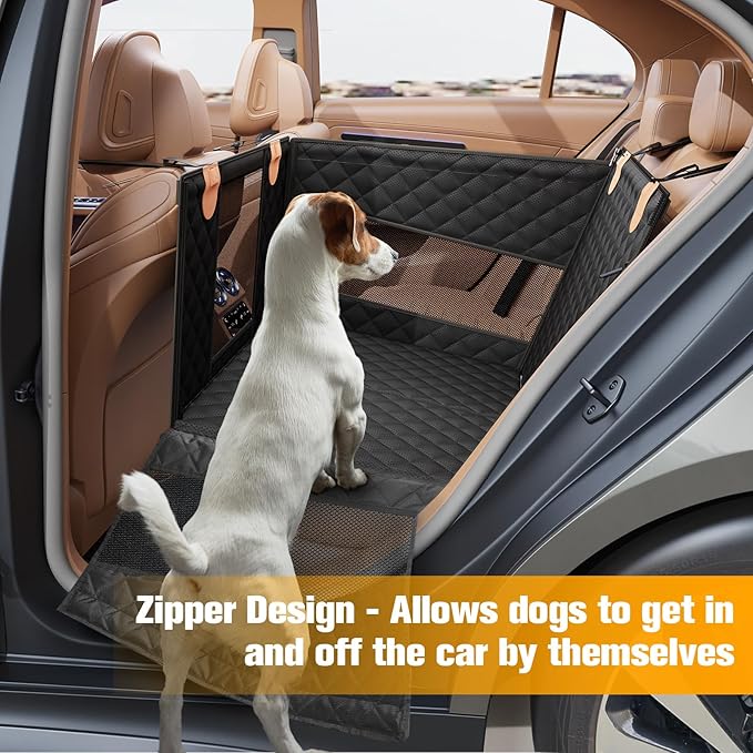 PETICON Large Dog Car Seat, Back Seat Extender for Dogs with 3 Mesh Windows, Waterproof Medium Carseat for Dogs with 4-Splice Hard Bottom, Pet Seat Cover for Cars, Trucks and SUVs (Black)