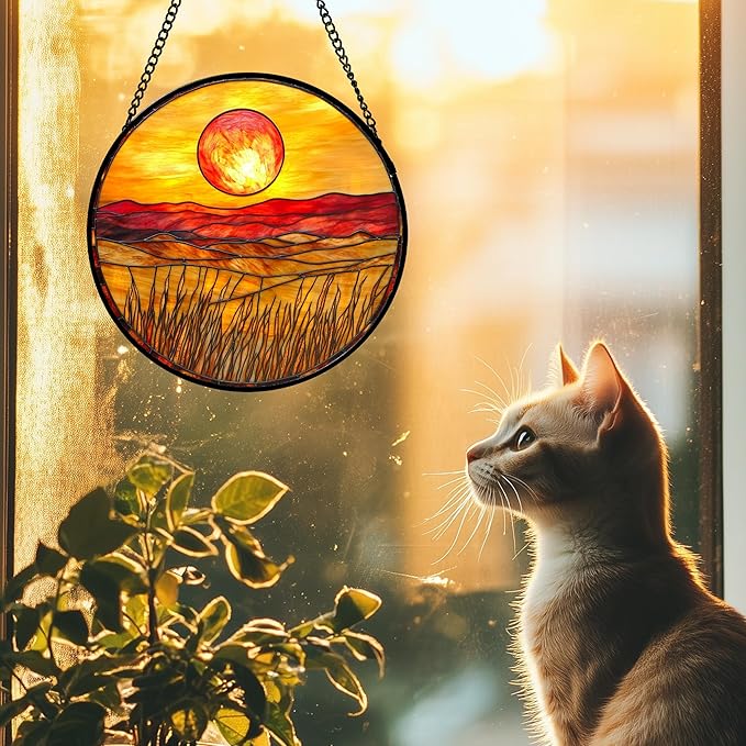 Stained Glass Window Hanging 4 Pcs Set Desert Sunset Theme Landscape Large 11.8" - Suncatcher Door Garden Sun Catcher Decor Birthday Christmas for Mom Woman Nana Men