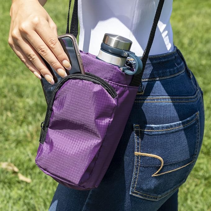 Trail maker Water Bottle Carrier Bag with Strap, Phone Pocket for Walking, Runs, Bike, Stainless Steel, Glass, Plastic