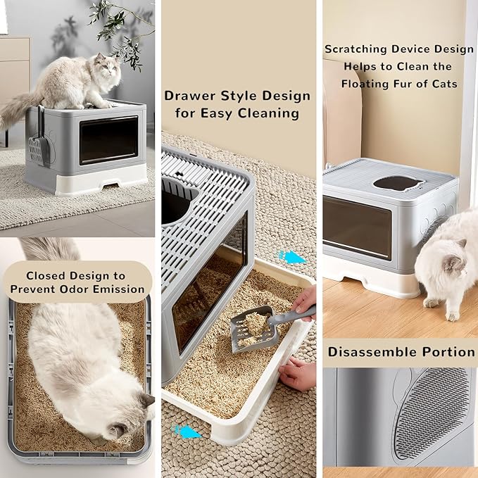 Foldable Box, Enclosed Potty with Scoop, Front Entry Top Exit Cat Litter, Closed Smell Proof Anti Splashing, Drawer Type Cat Litter Easy to Clean