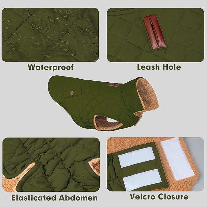 azuza Dog Jacket Waterproof & Windproof Dog Coat for Small Dogs with Thick Fleece, High Collar with Leash Hole, Adjustable Velcro & Elastic Belly, Army Green XL