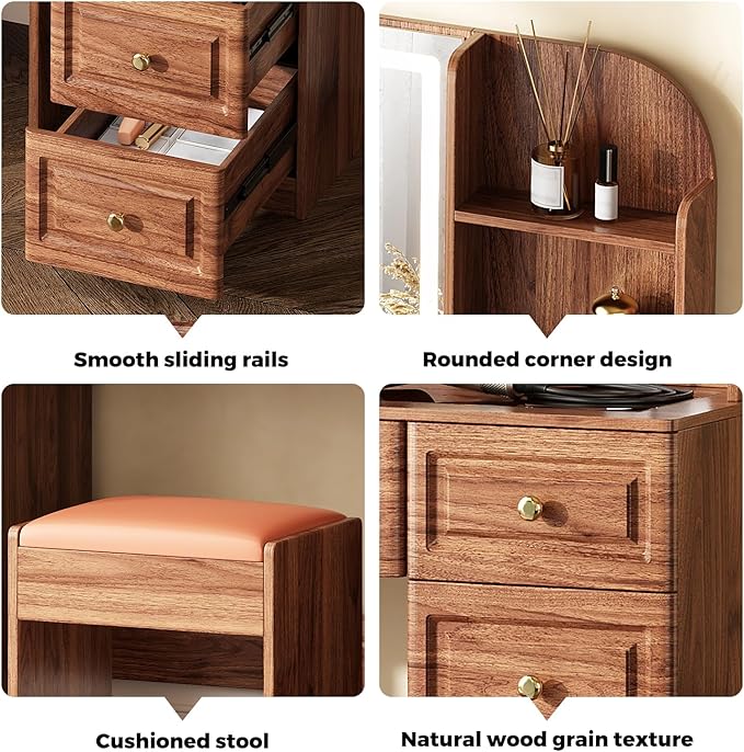 43" Makeup Vanity Desk with Mirror and Lights, & Power Outl, Glass Top Big Vanity Table with 9 Drawers& 8 Storage Shelves, Dressing Table Set with Chair for Bedroom, Walnut