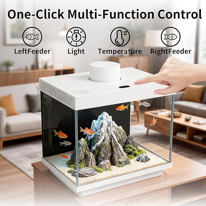 Smart Fish Tank, 1.82 Gallon Glass Aquarium Starter Kit with App Control, Auto Feeder with Dual-Direction Dispensing, Real-time Temperature Monitoring, LED Lighting, Small Fish Tank for Desktop Office