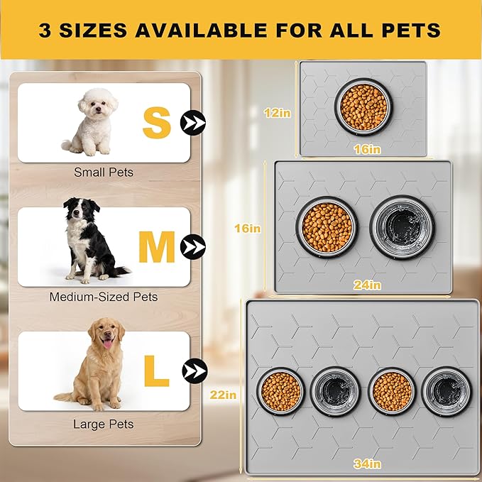 Pieviev 34''x22'' Dog Cat Food Bowl Mat, Silicone Waterproof Food Grade Pet Food Mat for Floor, High Raised Edge to Prevent Spills, Non-Slip & Easy Clean Pet Placemat for Dog & Cat Bowls, Light Gray