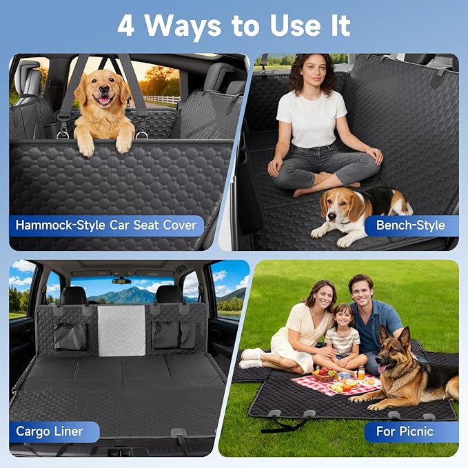 Dog Car Seat Cover for Back Seat Waterproof Oxford Fabric, Hard Bottom Seat Extender, Scratchproof, Anti-Slip, Dog Hammock for Car with Mesh Window, Fit Full Size Truck, Black