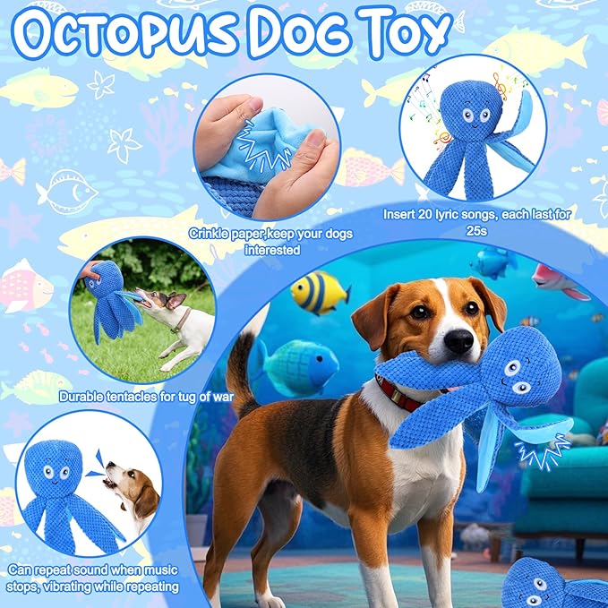 Interactive Dog Toys - Bouncing Octopus Crinkle Tentacles, Music and Recording, Moving Ball for Small/Medium/Large Puppy to Keep Them Busy for Boredom, Smart Motion Activate Pet Toy, Rehargeable