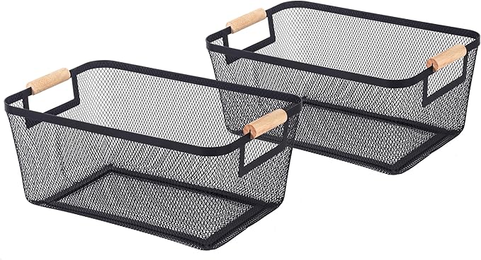 2-Pack Metal Mesh Basket, Medium Wire Storage Organizer with Wood Handle for Kitchen Pantry, Bathroom, Cabinet, Closet, Picnic & Home Organization, Medium, Black