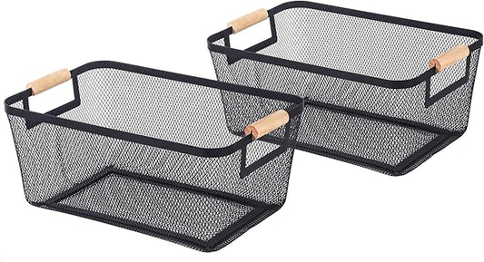 2-Pack Metal Mesh Basket, Medium Wire Storage Organizer with Wood Handle for Kitchen Pantry, Bathroom, Cabinet, Closet, Picnic & Home Organization, Medium, Black